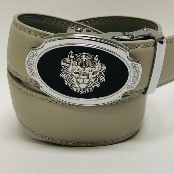 Gray Leather Belt Automatic Buckle Slide Belt NoHole Strep Ratchet Buckle Silver - Picture 2 of 3